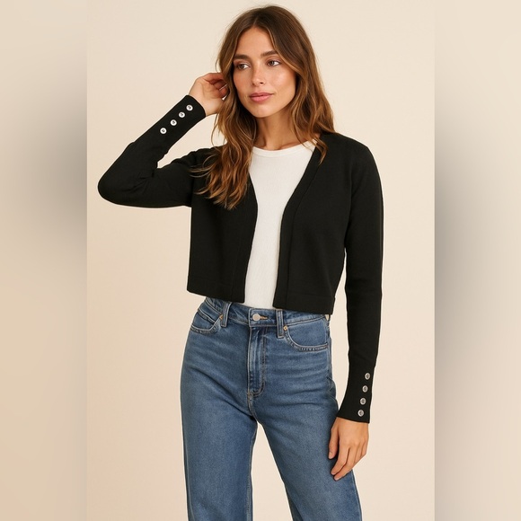Tommy Hilfiger Black Cropped Open Front Cardigan with Silver Button Cuffs - Picture 1 of 6